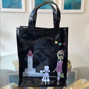 Rare Laduree Paris Black La Tropeziene Patent Leather Black Tote Bag.